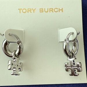 Tory Burch Silver Hoop Logo Earrings